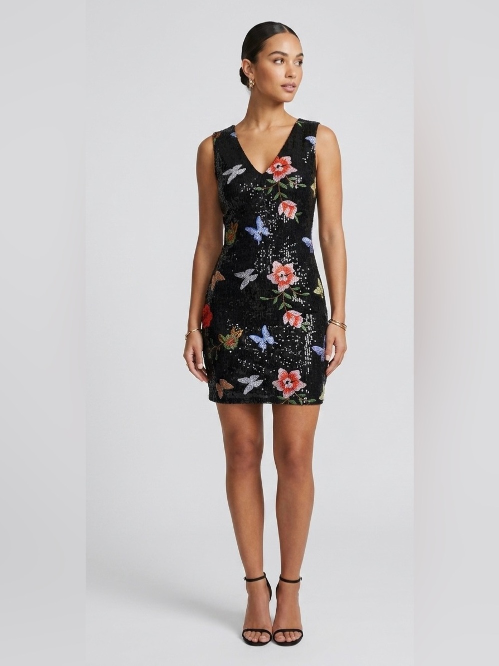 Xtaren Black Sequin‎ Floral & Butterfly Embroidered Dress